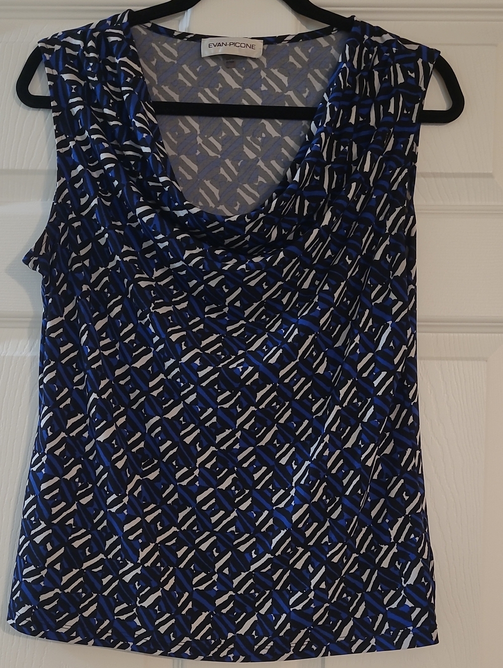 Evan Picone Navy Blue and White Geometric Cowl Neck Tank